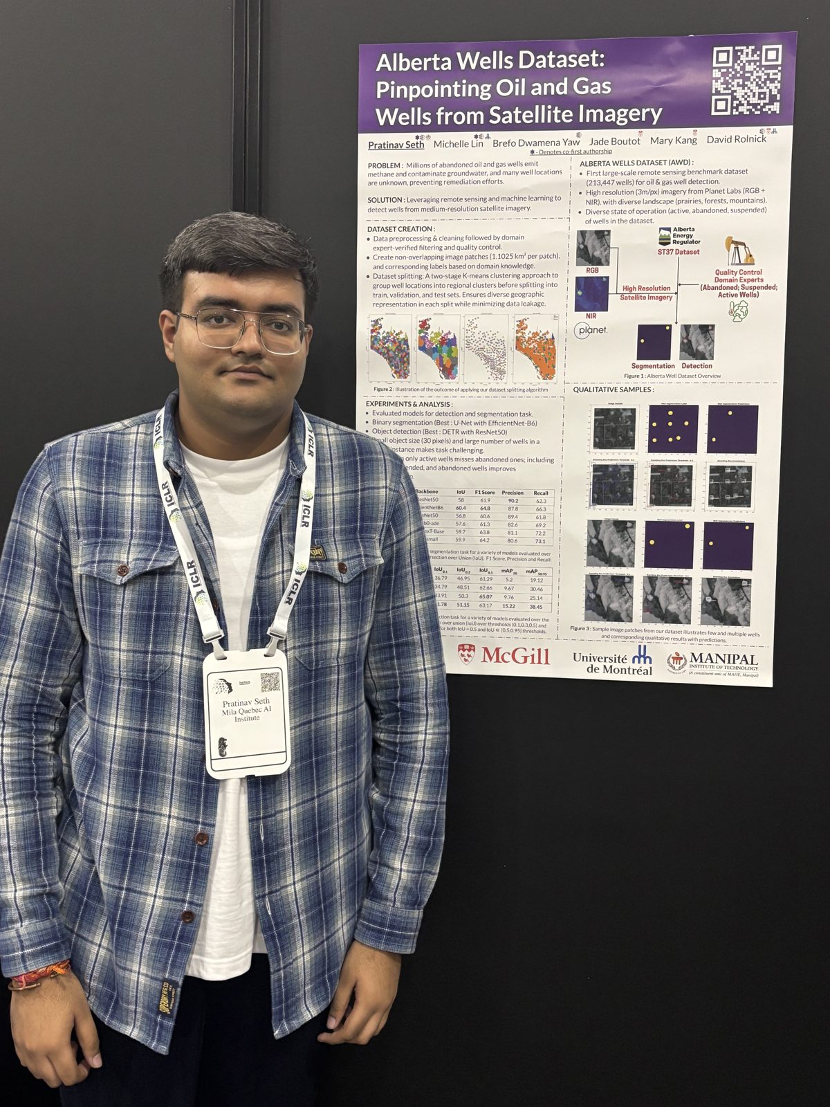 Pratinav Seth presenting the Alberta Wells Dataset poster at the Climate Change AI workshop, ICLR 2025