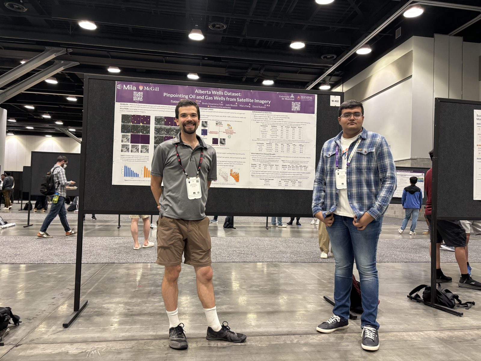 Pratinav Seth and a co-author presenting the Alberta Wells Dataset poster at ICML 2025