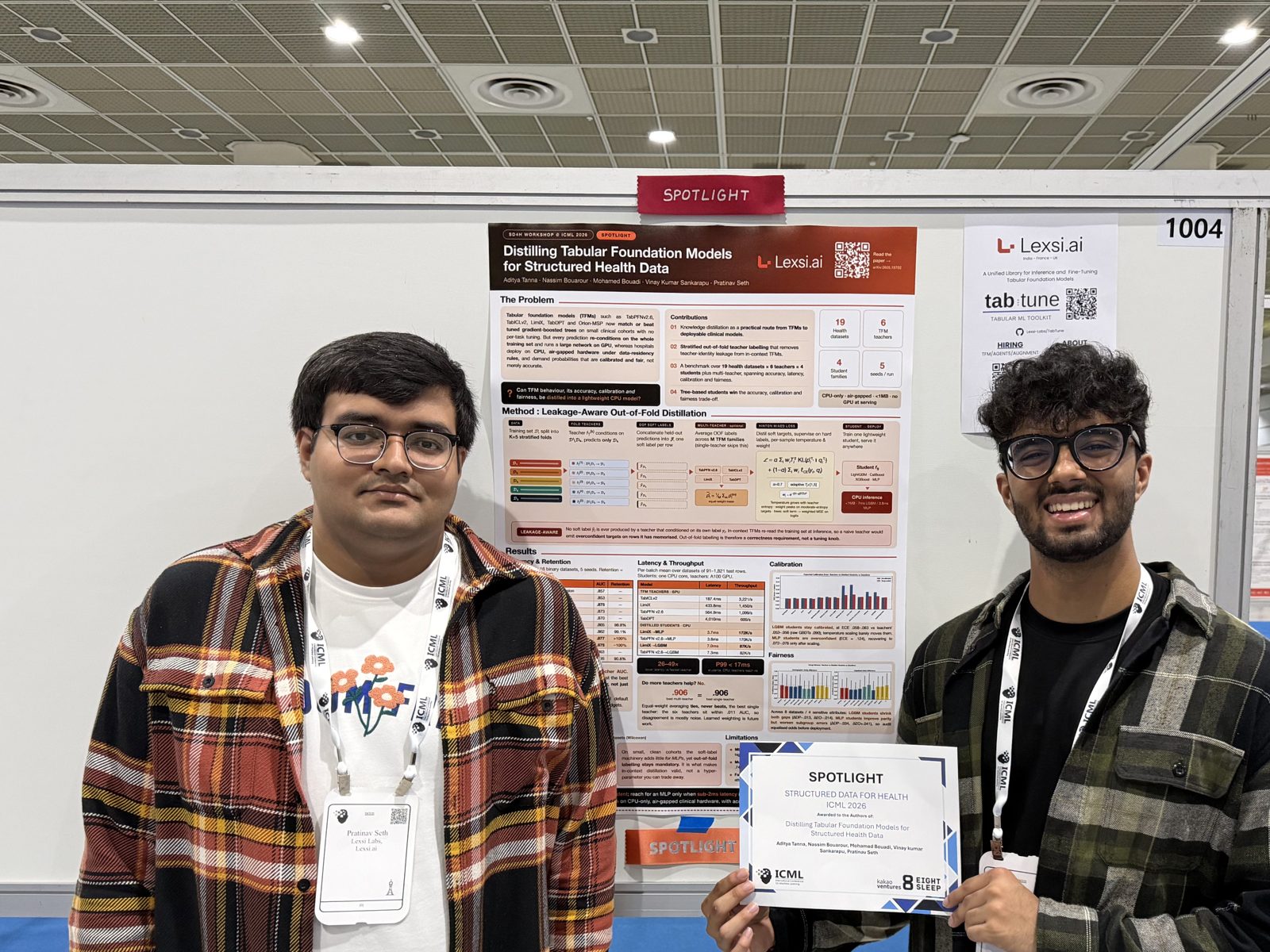 Pratinav Seth and co-author holding a Spotlight certificate for Distilling Tabular Foundation Models for Structured Health Data at the SD4H Workshop, ICML 2026