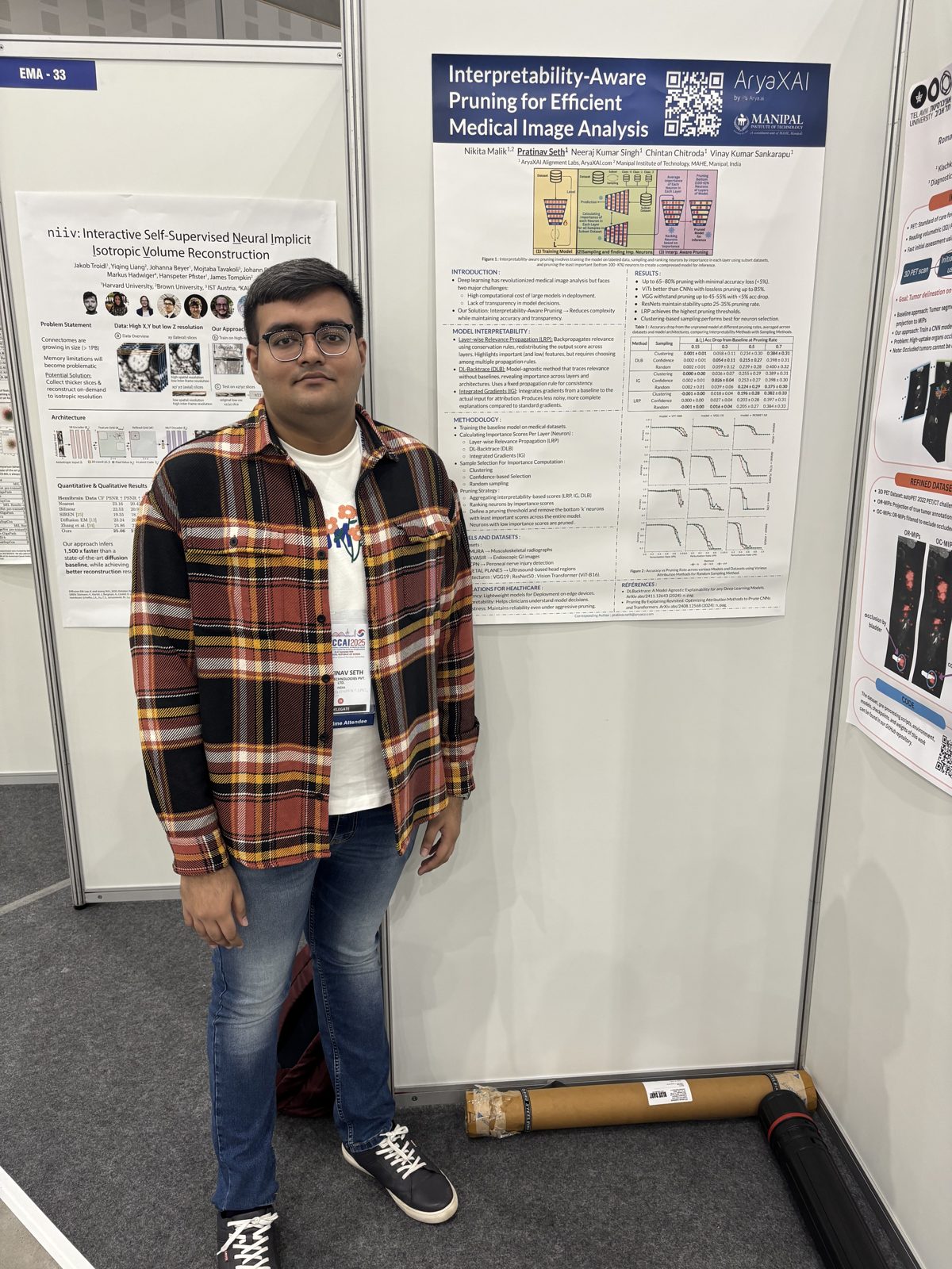 Pratinav Seth presenting the Interpretability-Aware Pruning for Efficient Medical Image Analysis poster at MICCAI 2025 Workshop