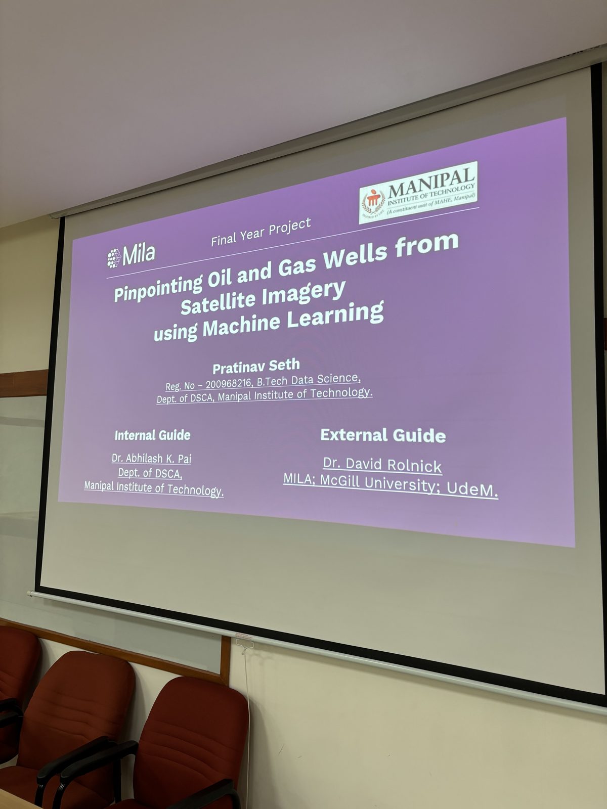 Final year project defense slide: Pinpointing Oil and Gas Wells from Satellite Imagery using Machine Learning, with Mila and Manipal Institute of Technology branding